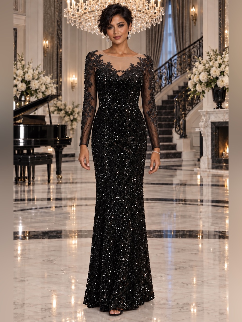 NWOT Black Sequin Long Sleeve Evening Gown Mermaid Formal Cocktail Dress Sz 8